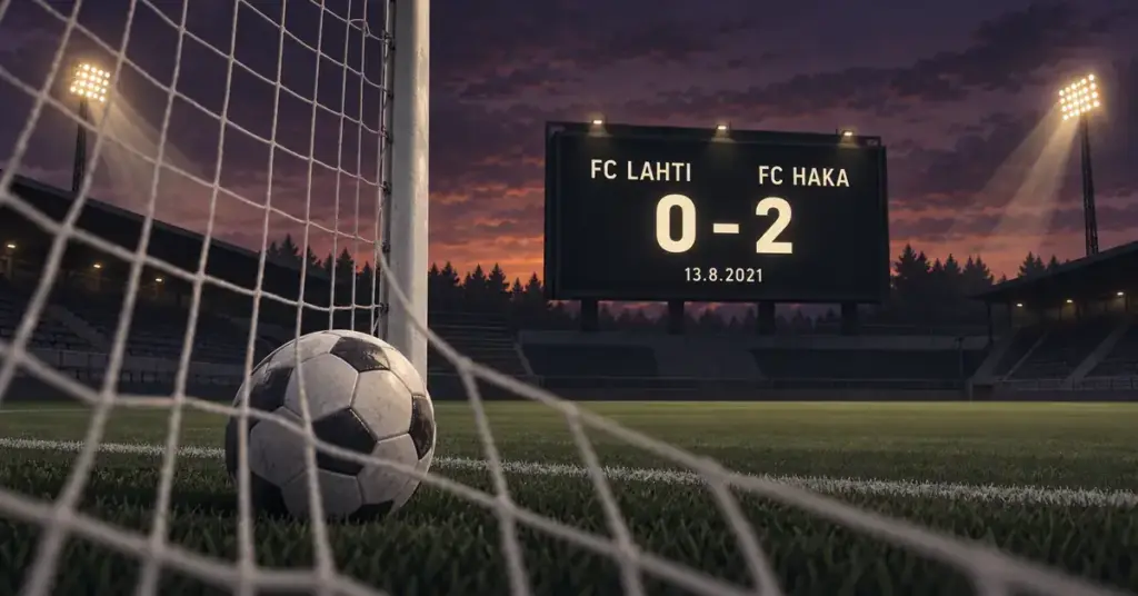 Kuvitus jalkapallosta maaliverkossa iltavalaistulla stadionilla, jonka tulostaulu näyttää FC Lahden 0–2-tappion FC Hakalle 13.8.2021.