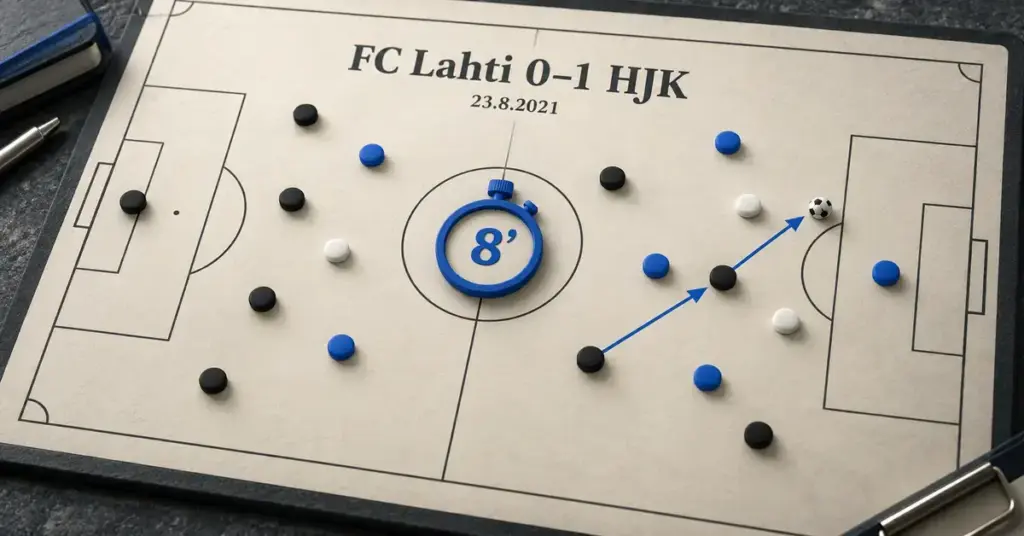 Taktiikkataulua esittävä kuvitus FC Lahden ja HJK:n 23.8.2021 pelatusta ottelusta, jossa näkyvät lopputulos 0–1, pelinappulat, syöttönuolet ja kahdeksannen minuutin maaliin viittaava sekuntikello.