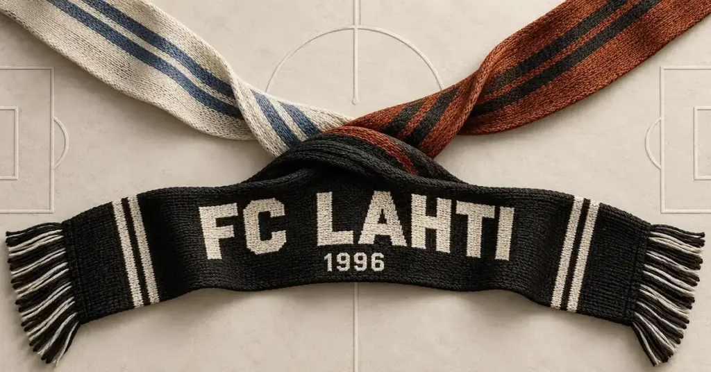 Sinivalkoinen ja oranssimusta nauha yhdistyvät mustaksi FC Lahti 1996 -huiviksi jalkapallokentän kuvion päällä symboloiden seuran syntyä kahden lahtelaisseuran yhdistymisestä.