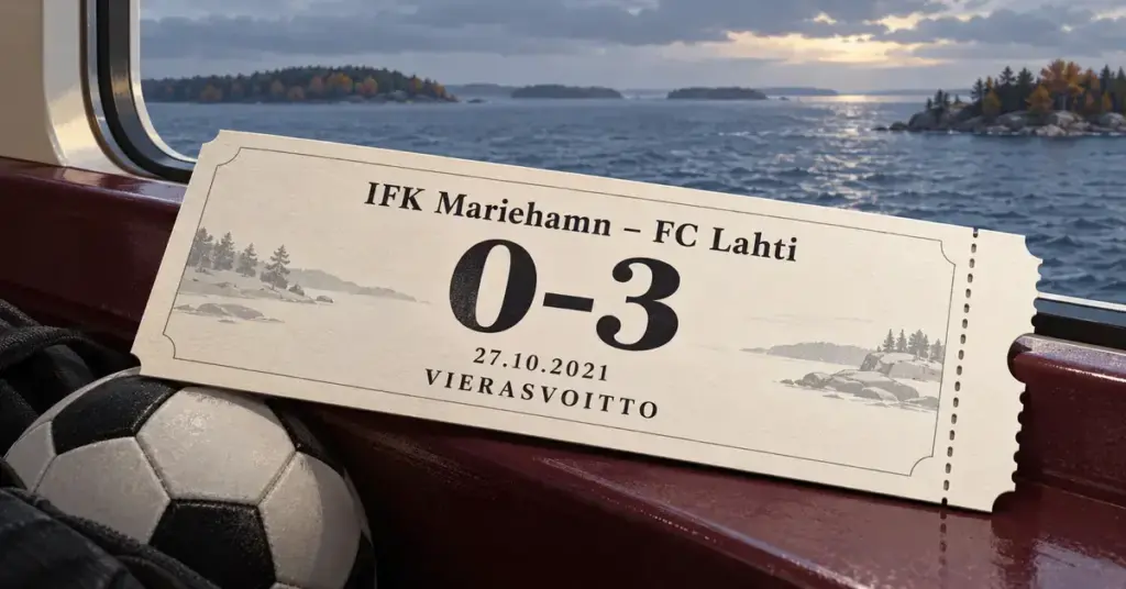Kuvitteellinen ottelulippu ja jalkapallo laivan ikkunalla Ahvenanmaan saaristomaisemassa juhlistavat FC Lahden 0–3-vierasvoittoa IFK Mariehamnista 27.10.2021.