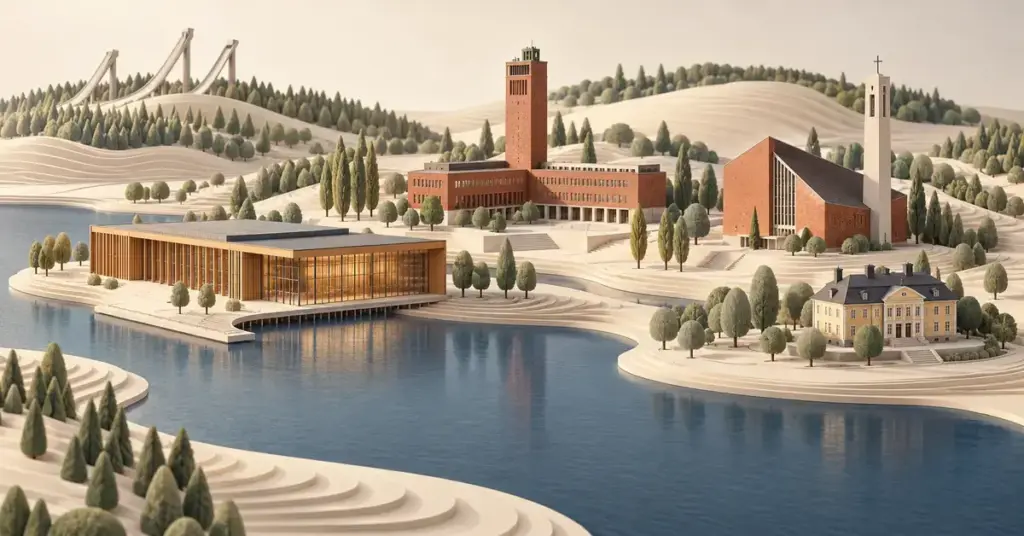 Lahden nähtävyydet – museot, maisemat ja arkkitehtuuri Tyylitelty pienoismallikuvitus Lahden arkkitehtuurista, museosta ja hyppyrimäistä järven ja metsäisten harjujen keskellä.