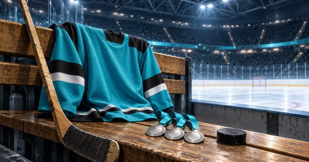 Turkoosi jääkiekkopaita, puumaila, kiekko ja kolme hopeamitalia jäähallin penkillä symboloivat Lahti Pelicansin historiaa ja saavutuksia.