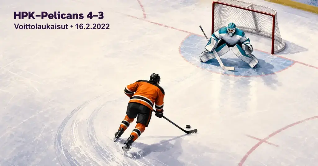 Kuvitus oranssipaitaisesta hyökkääjästä ja turkoosivalkoisesta maalivahdista voittolaukaustilanteessa sekä teksti HPK–Pelicans 4–3, voittolaukaisut 16.2.2022.