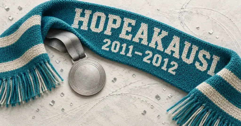 Turkoosivalkoinen kannattajahuivi, jossa lukee ”HOPEAKAUSI 2011–2012”, ja hopeamitali kuvaavat Pelicansin ensimmäistä SM-liigamitalia.