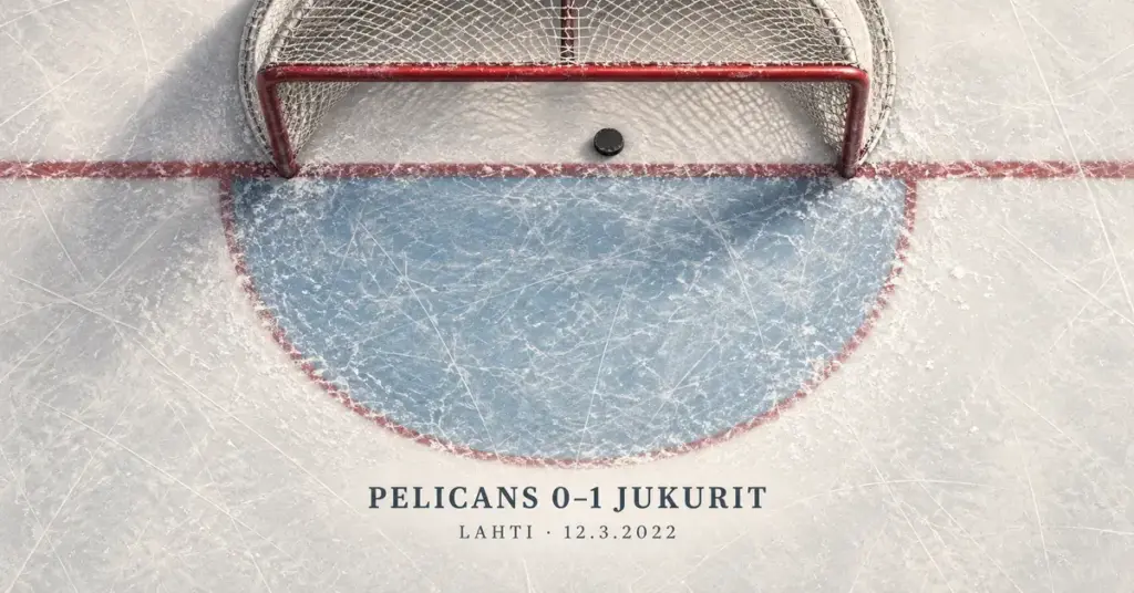 Kiekko maaliviivan takana ja teksti Pelicans 0–1 Jukurit kuvaavat Lahdessa 12.3.2022 pelatun ottelun niukkaa kotitappiota.