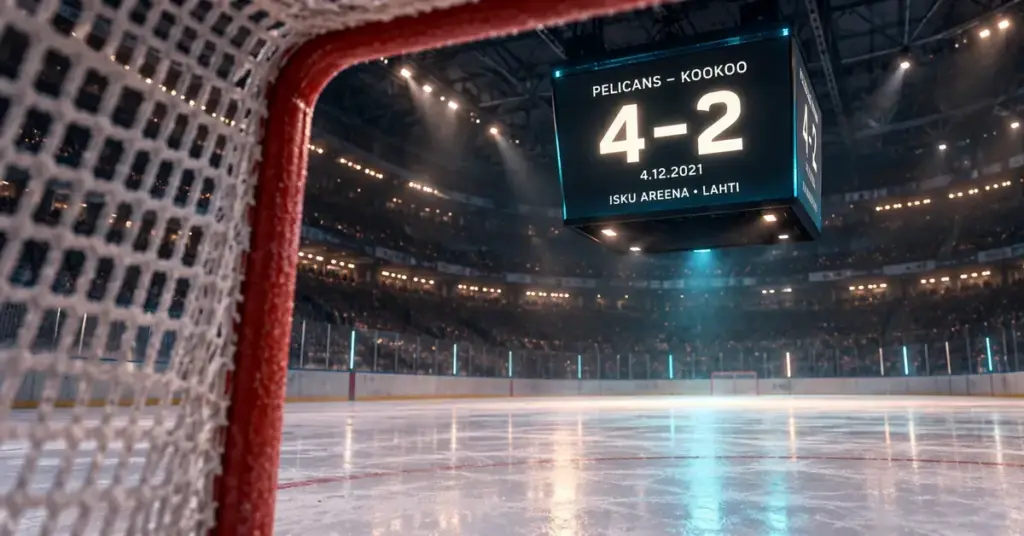 Pelicans–KooKoo 4.12.2021: Lahti voitti Kouvolan 4–2 Isku Areenalla Kuvitus jäähallista maaliverkon takaa, ja tulostaululla näkyvät Pelicansin 4–2-voitto KooKoosta, päivämäärä 4.12.2021 sekä Isku Areena Lahdessa.