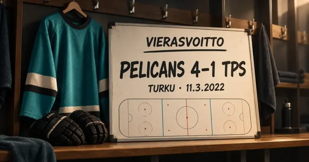 Kuvitus pukukopista, jossa turkoosin pelipaidan ja jääkiekkohanskojen vieressä oleva taktiikkataulu kertoo Pelicansin 4–1-vierasvoitosta TPS:stä Turussa 11.3.2022.