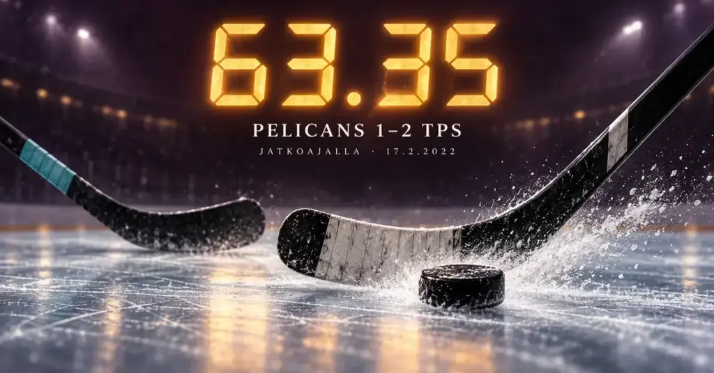 Kaksi jääkiekkomailaa ja kiekko jäällä sekä aika 63.35 kuvaavat TPS:n 2–1-jatkoaikavoittoa Pelicansista Lahdessa 17.2.2022.